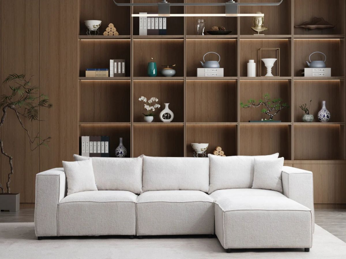 Canapé Modulable - Chenille blanc - 3 Places + 1 Pouf