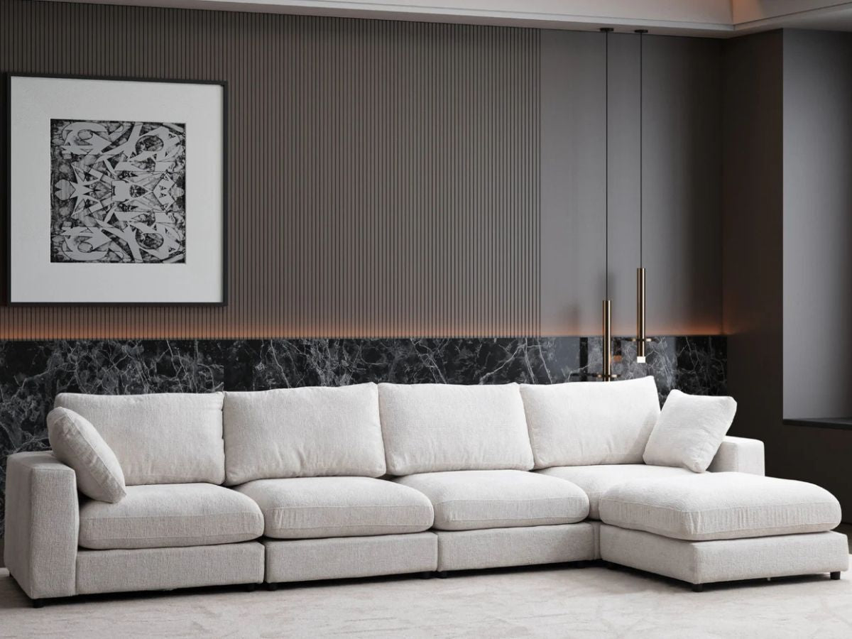 Canapé Julia Modulable - Tissu Chenille Blanc - 4 Places + 1 Pouf