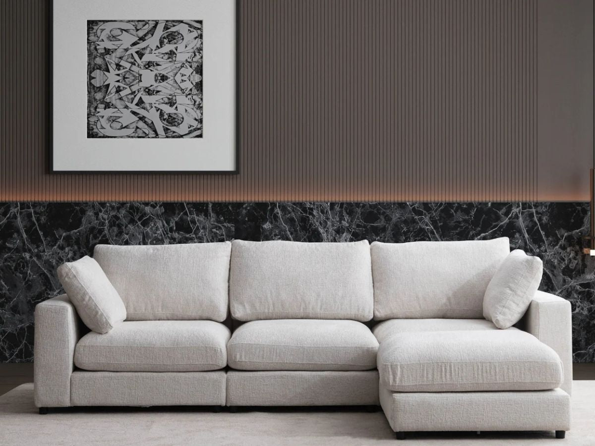 Canapé Julia Modulable - Tissu Chenille Blanc - 3 Places + 1 Pouf