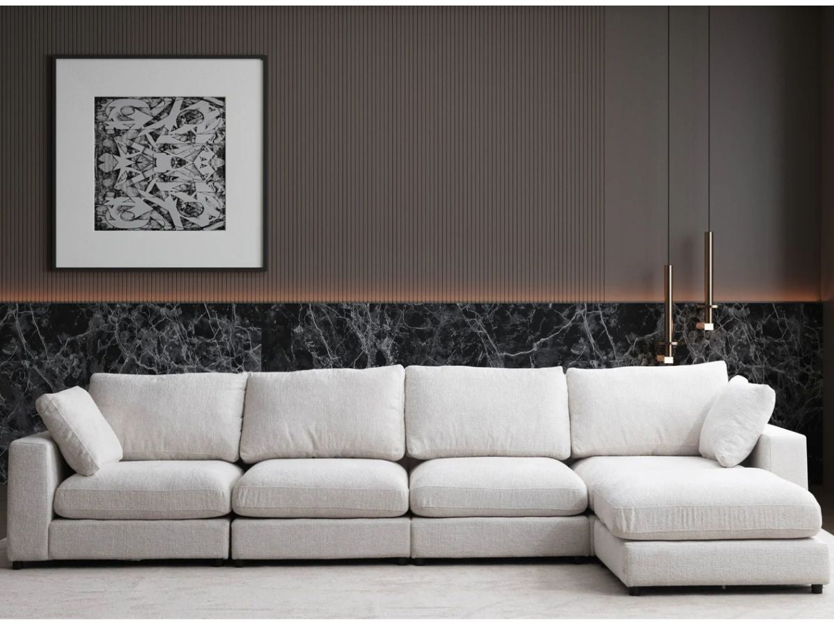 Canapé Julia Modulable - Tissu Chenille Blanc - 4 Places + 1 Pouf