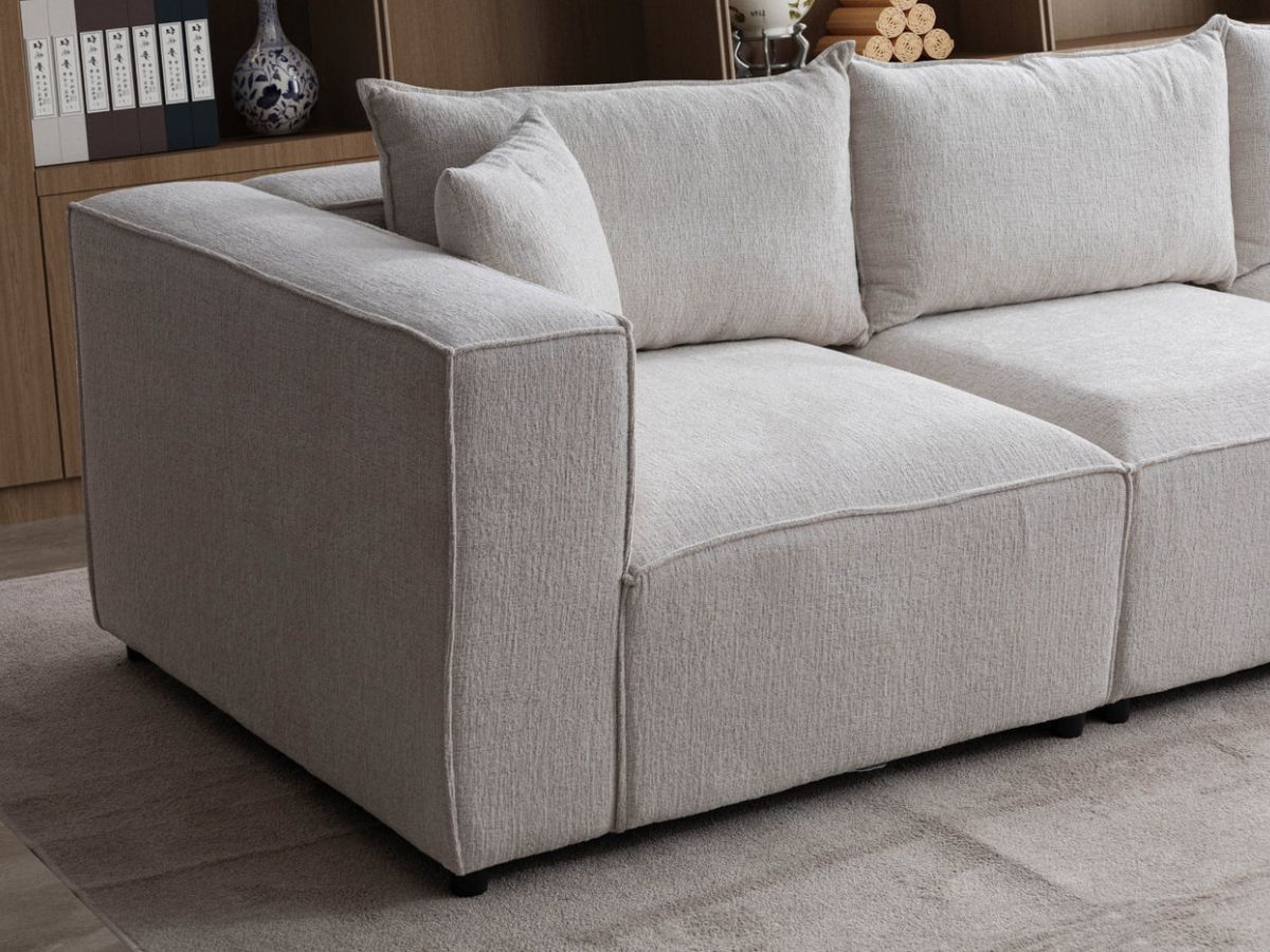 Canapé Modulable - Chenille blanc - 3 Places + 1 Pouf