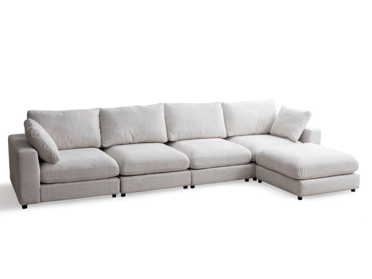 Canapé Julia Modulable - Tissu Chenille Blanc - 4 Places + 1 Pouf