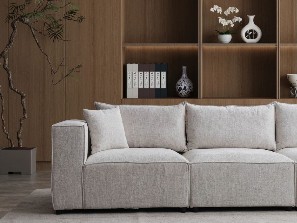 Canapé Modulable - Chenille blanc - 3 Places + 1 Pouf