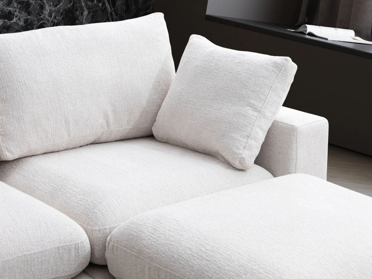 Canapé Julia Modulable - Tissu Chenille Blanc - 4 Places + 1 Pouf