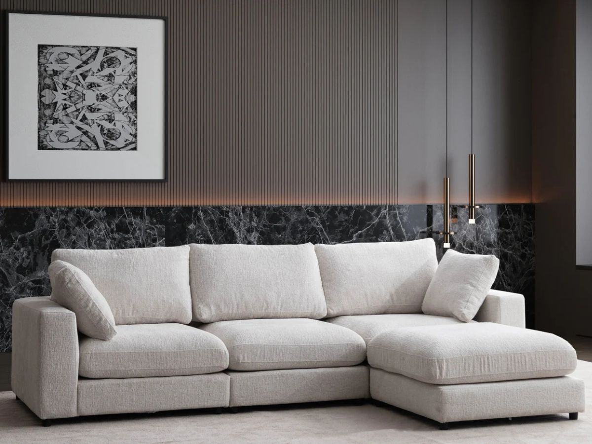 Canapé Julia Modulable - Tissu Chenille Blanc - 3 Places + 1 Pouf