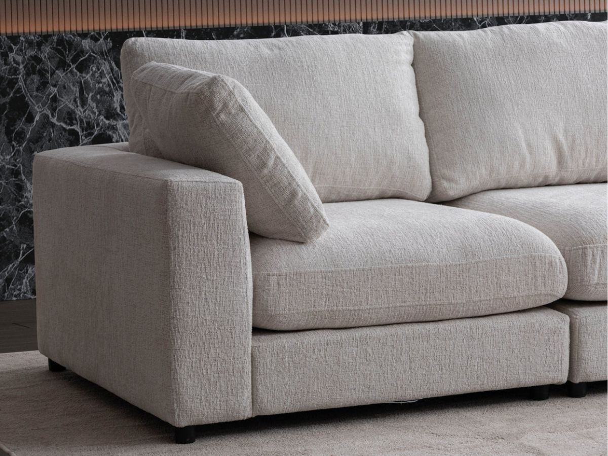 Canapé Julia Modulable - Tissu Chenille Blanc - 4 Places + 1 Pouf